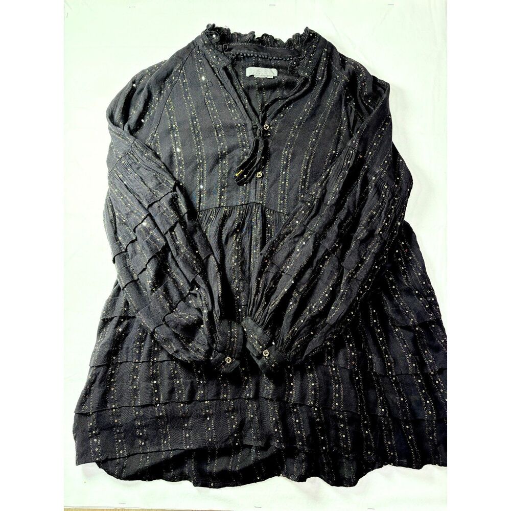 Anthropologie Whimsigoth Whitchy Black Gold Sequin Ruffle Tunic Blouse M